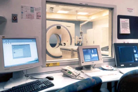 CT scanner control room at Hamza Medicare